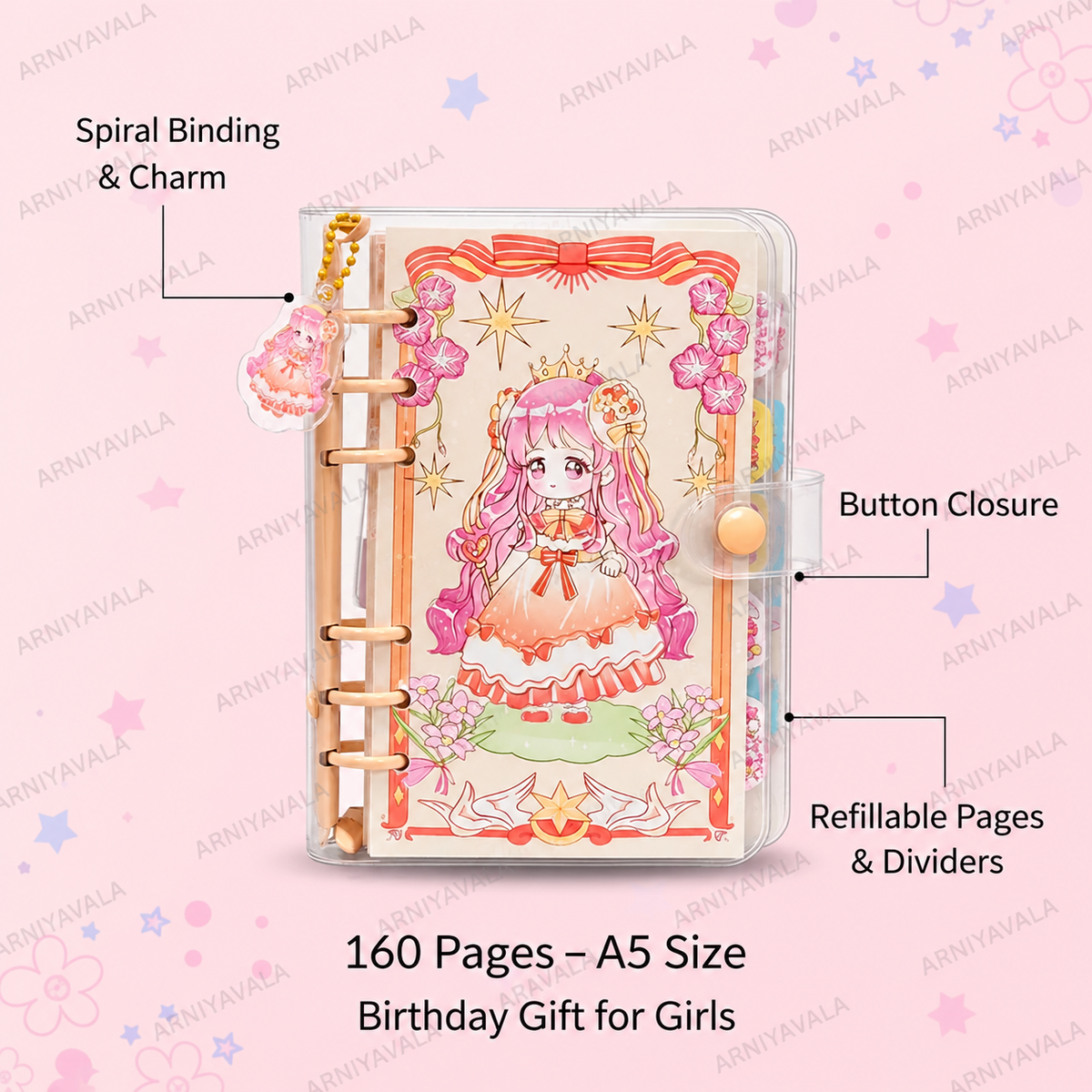 Cute Kawaii A5 Spiral Notebook Diary with Button Closure – Little Princess Design Journal with Dividers, Refillable Pages & Tabs