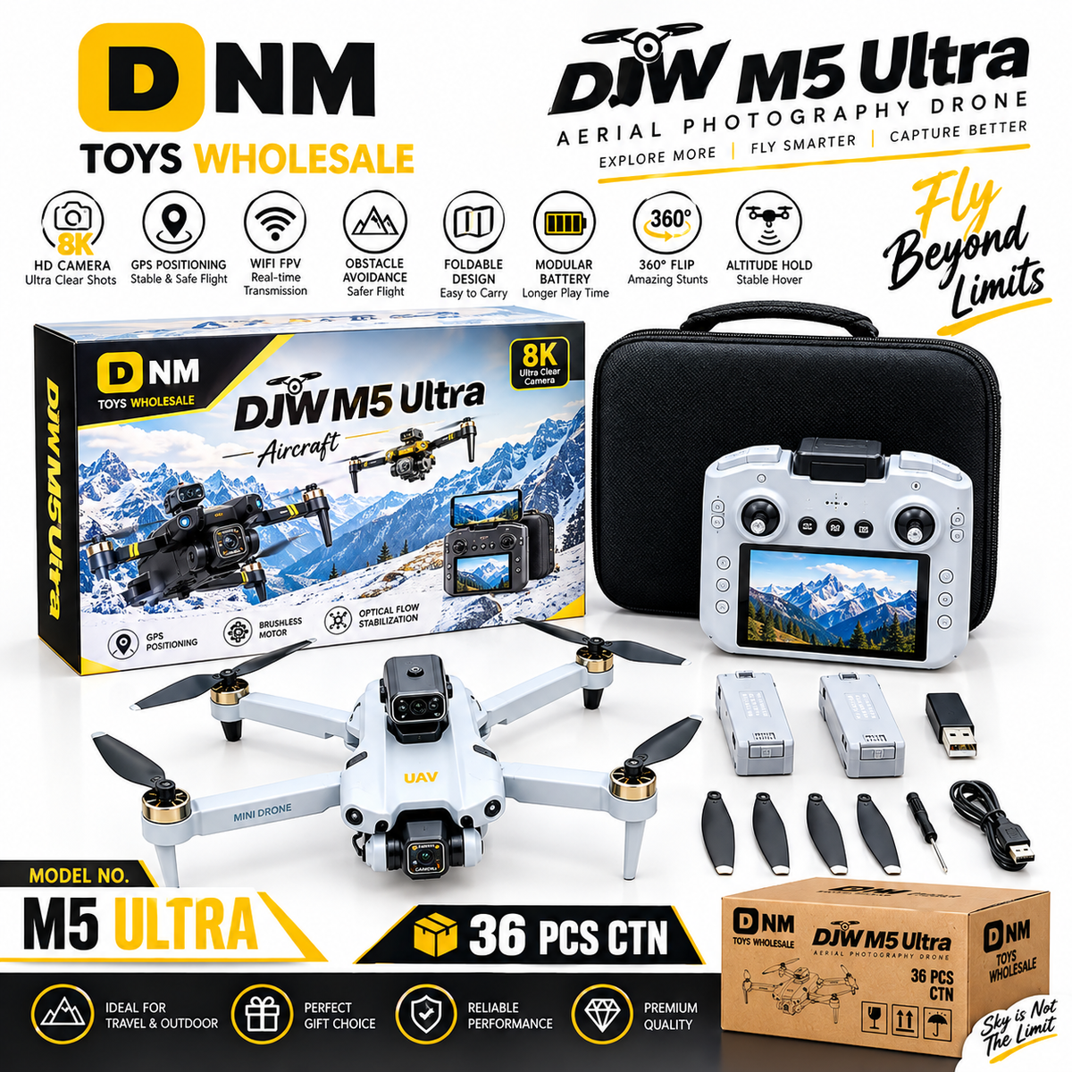 DJW-M5-ULTRA-8K-DRONE-36CTN - DJW M5 Ultra 8K Camera Drone with GPS, WiFi FPV & Obstacle Avoidance