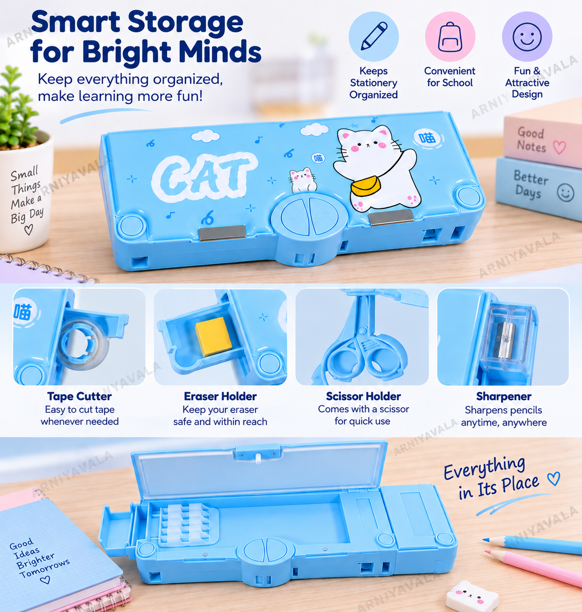 Cat Sky Blue Multifunction Pencil Box with Button Storage, Built-in Sharpener & Spacious Stationery Organizer for Kids