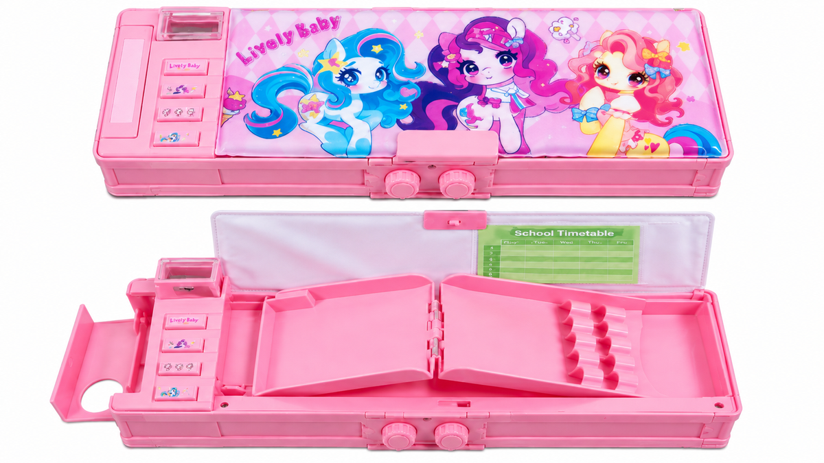 Lively Baby Unicorn Multifunction Pencil Box for Girls with 2-Digit Password Lock, Built-in Sharpener & School Timetable
