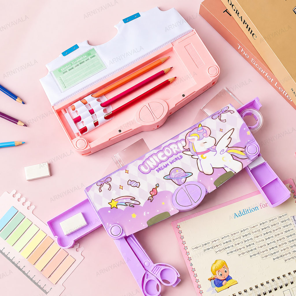 Unicorn Pencil Box for Girls & Kids, Dual-Sided Multifunctional Pop Up Pencil Case with Magnetic Lock, Built-in Sharpener, Scissor & Eraser Compartments, Pen & Pencil Holder
