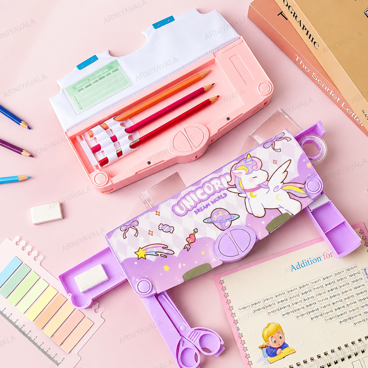 Unicorn Pencil Box for Girls & Kids, Dual-Sided Multifunctional Pop Up Pencil Case with Magnetic Lock, Built-in Sharpener, Scissor & Eraser Compartments, Pen & Pencil Holder