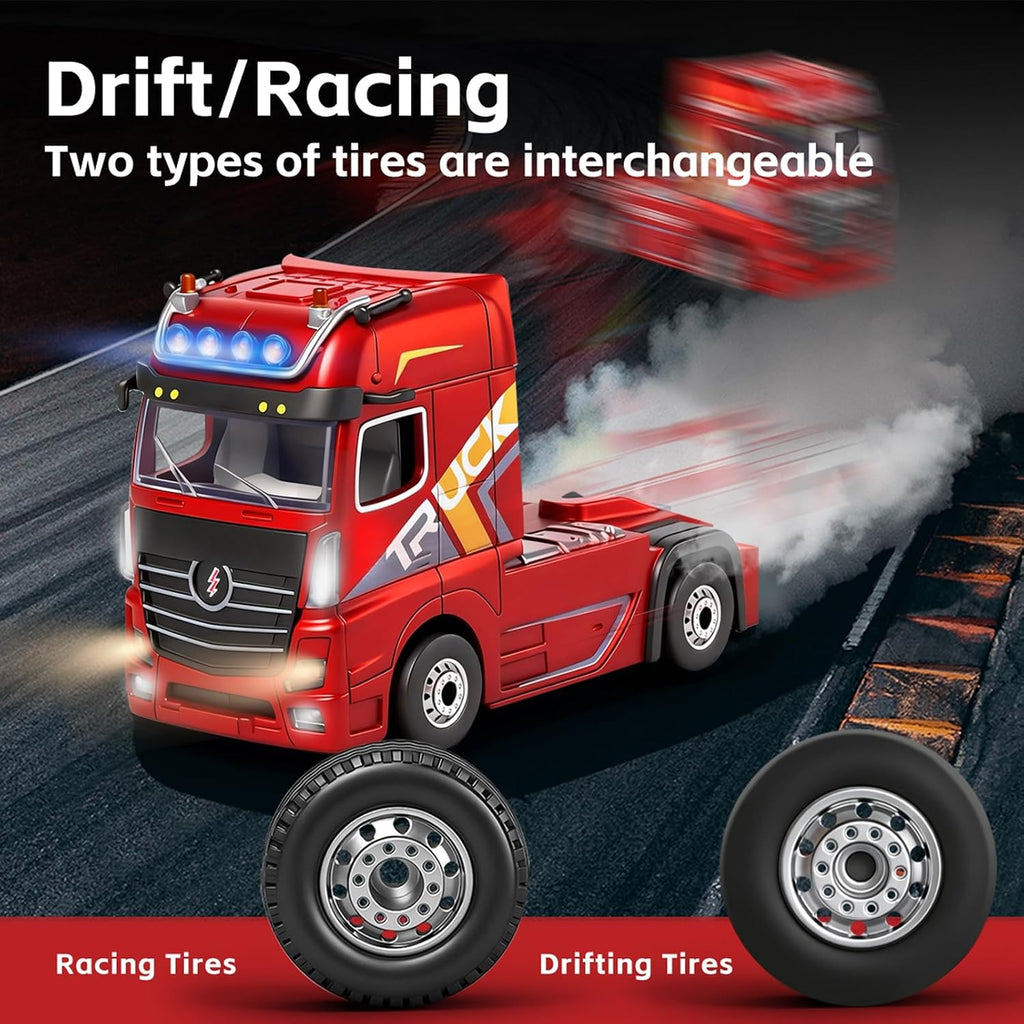 WLtoys RC Semi Truck with Trailer, 2.4G Remote Control Container Truck, 1/64 Carrier Van Transport Vehicle with Racing Tires, LED Lights and Sound Effect, Cruise Control