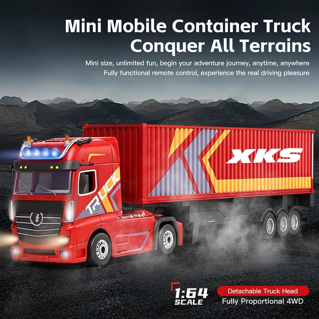 WLtoys RC Semi Truck with Trailer, 2.4G Remote Control Container Truck, 1/64 Carrier Van Transport Vehicle with Racing Tires, LED Lights and Sound Effect, Cruise Control