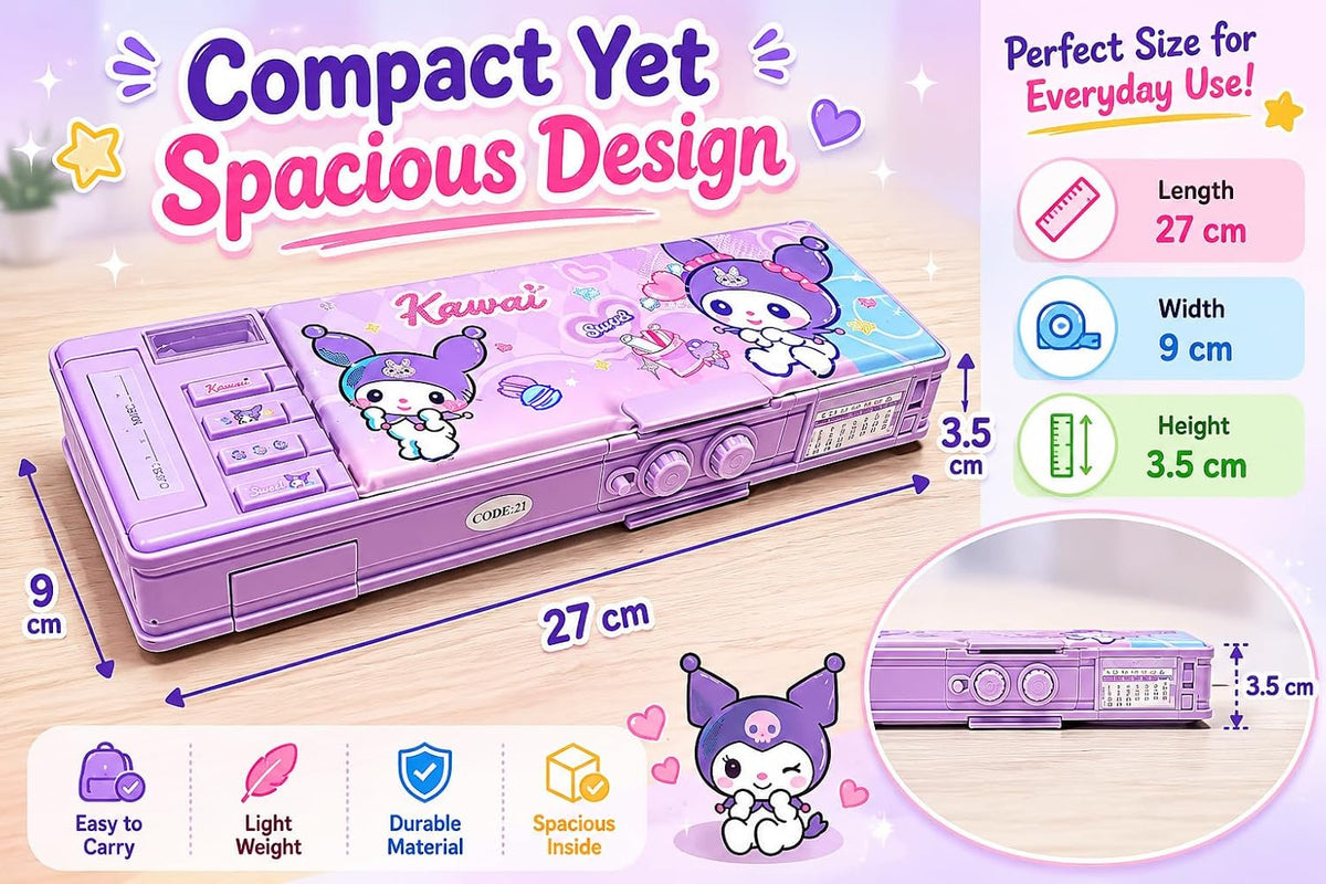 Kawaii Purple Multifunction Password Lock Pencil Box with Built-in Sharpener & Calendar, Magnetic Geometry Box with Pop-Up Buttons