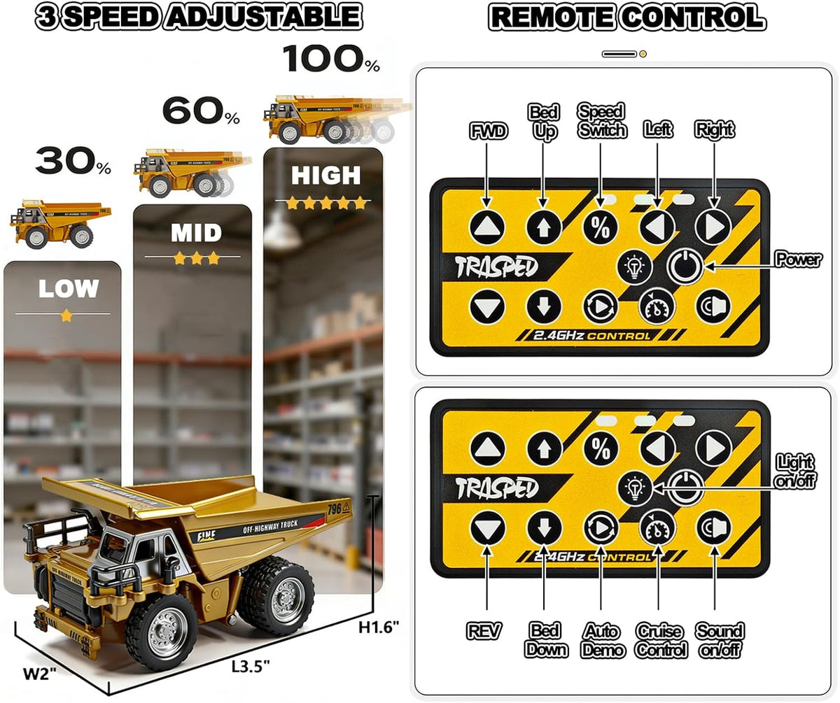 1:64 Mini RC Dump Truck Toy, Alloy Metal Construction Vehicle with App & Remote Dual Control