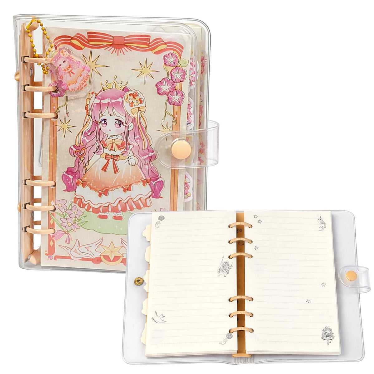 Cute Kawaii A5 Spiral Notebook Diary with Button Closure – Little Princess Design Journal with Dividers, Refillable Pages & Tabs