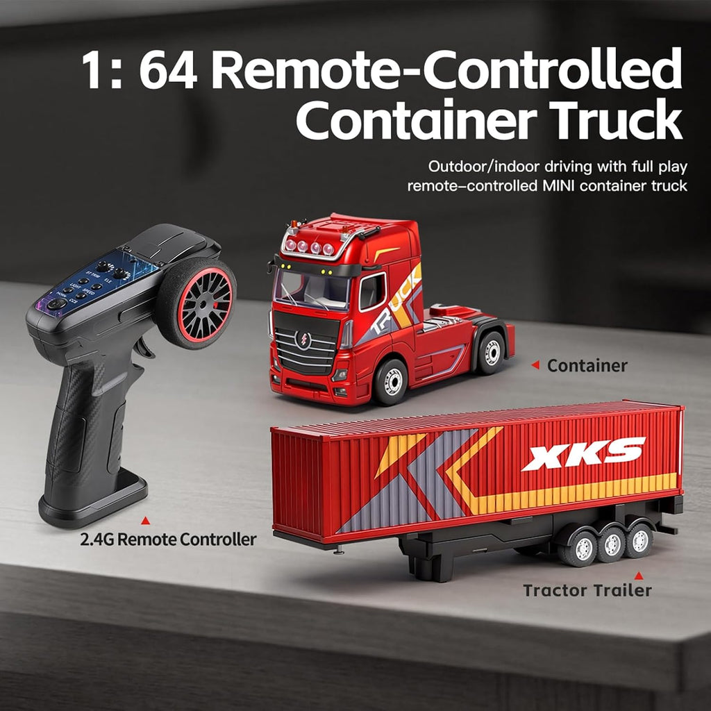WLtoys RC Semi Truck with Trailer, 2.4G Remote Control Container Truck, 1/64 Carrier Van Transport Vehicle with Racing Tires, LED Lights and Sound Effect, Cruise Control