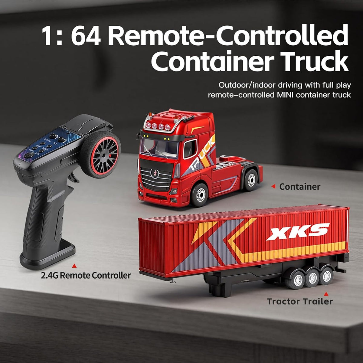 WLtoys RC Semi Truck with Trailer, 2.4G Remote Control Container Truck, 1/64 Carrier Van Transport Vehicle with Racing Tires, LED Lights and Sound Effect, Cruise Control