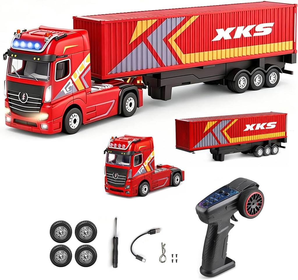 WLtoys RC Semi Truck with Trailer, 2.4G Remote Control Container Truck, 1/64 Carrier Van Transport Vehicle with Racing Tires, LED Lights and Sound Effect, Cruise Control