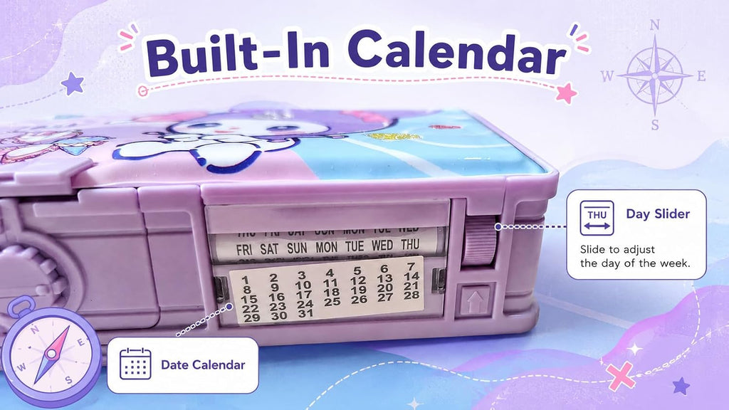 Kawaii Purple Multifunction Password Lock Pencil Box with Built-in Sharpener & Calendar, Magnetic Geometry Box with Pop-Up Buttons