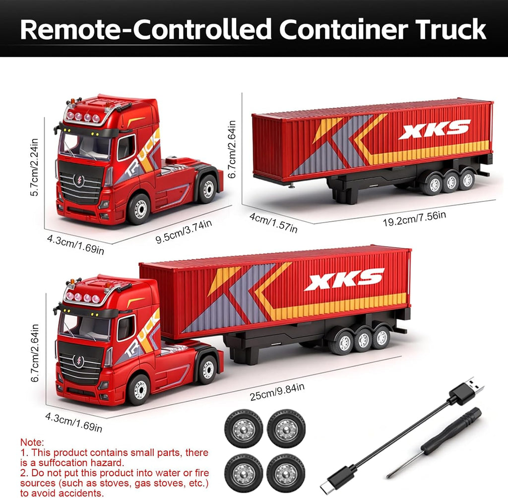 WLtoys RC Semi Truck with Trailer, 2.4G Remote Control Container Truck, 1/64 Carrier Van Transport Vehicle with Racing Tires, LED Lights and Sound Effect, Cruise Control