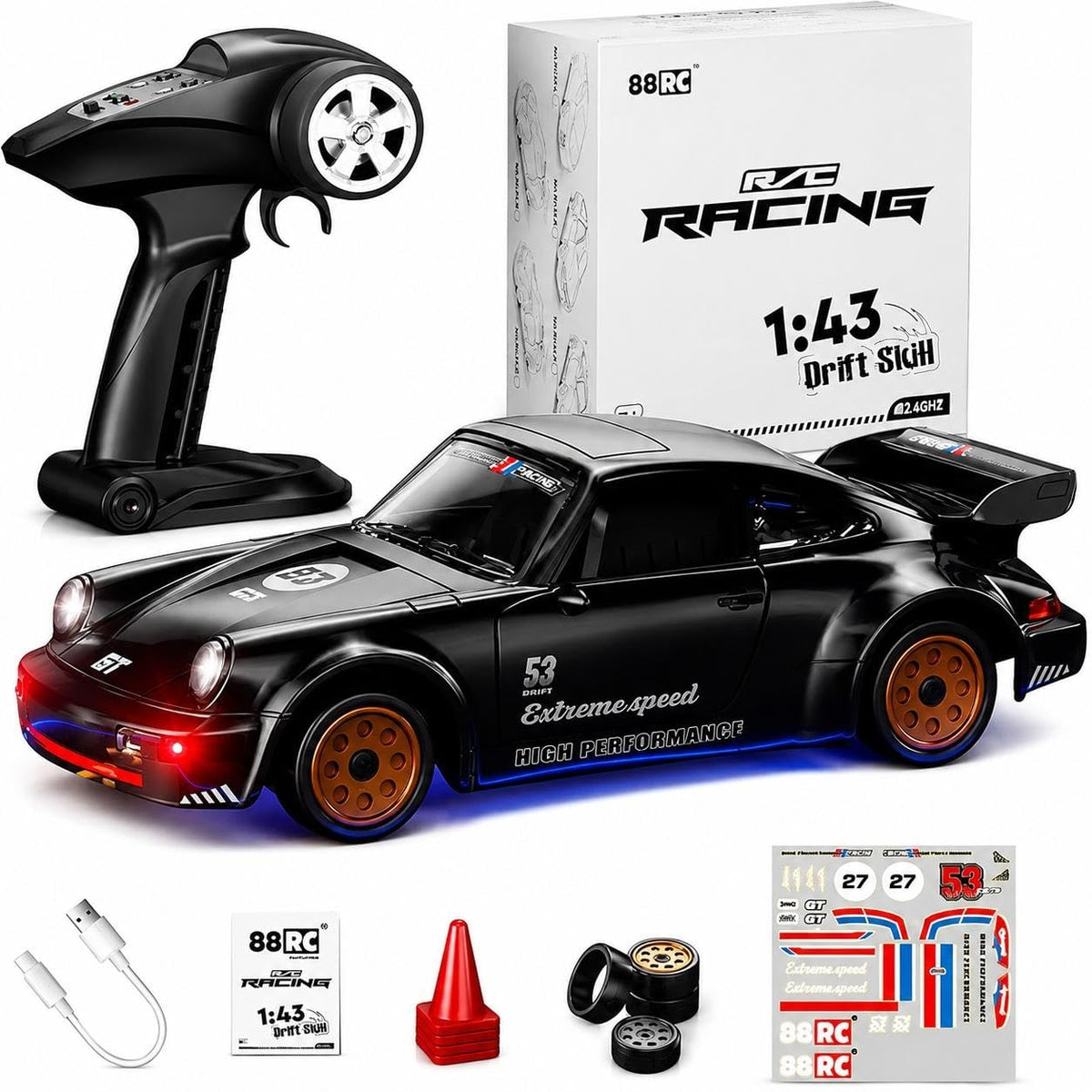 1:43 Alloy RC Drift Racing Car for Kids | 2.4GHz Remote Control Sports Car with Gyro | LED Lights, High Speed Stunt Drift Cars with Controller, Traffic Cones & Sticker Set, Birthday Gift for Boys.
