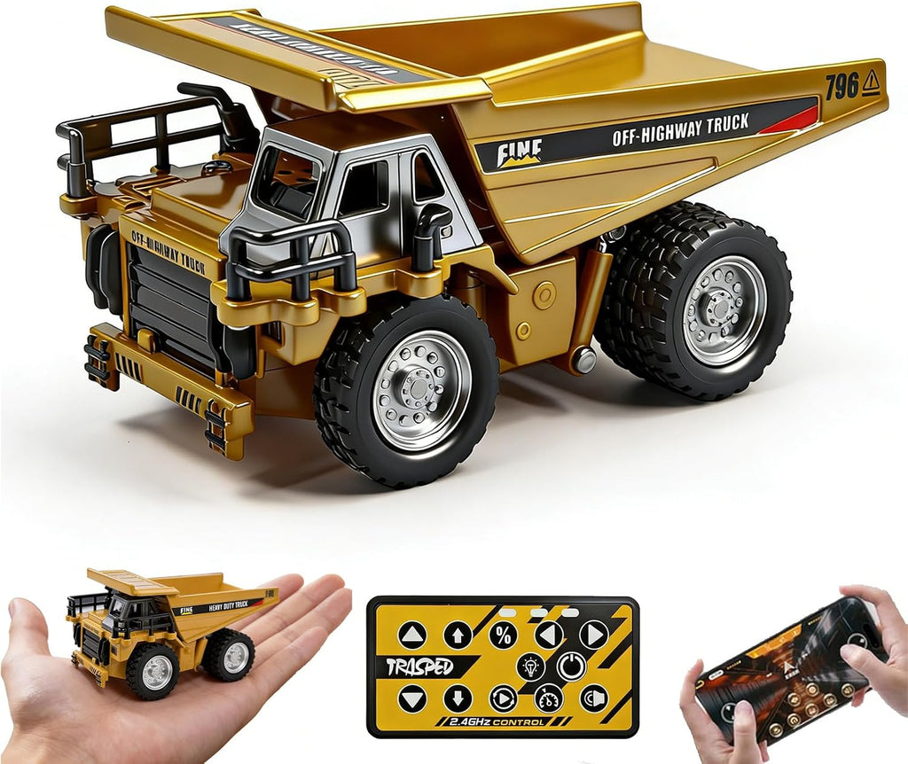 1:64 Mini RC Dump Truck Toy, Alloy Metal Construction Vehicle with App & Remote Dual Control