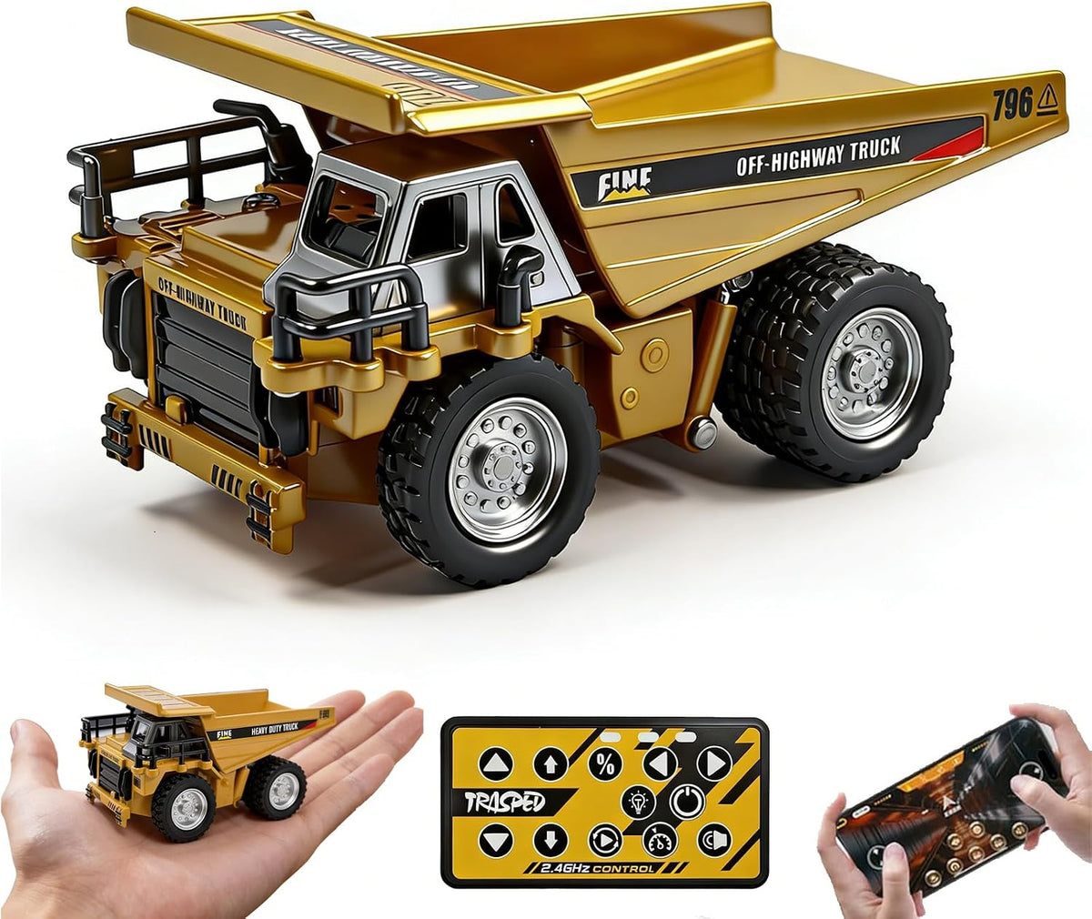 1:64 Mini RC Dump Truck Toy, Alloy Metal Construction Vehicle with App & Remote Dual Control