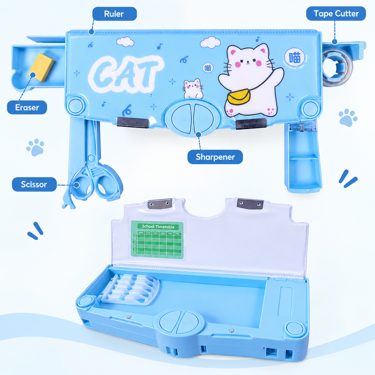 Cat Sky Blue Multifunction Pencil Box with Button Storage, Built-in Sharpener & Spacious Stationery Organizer for Kids