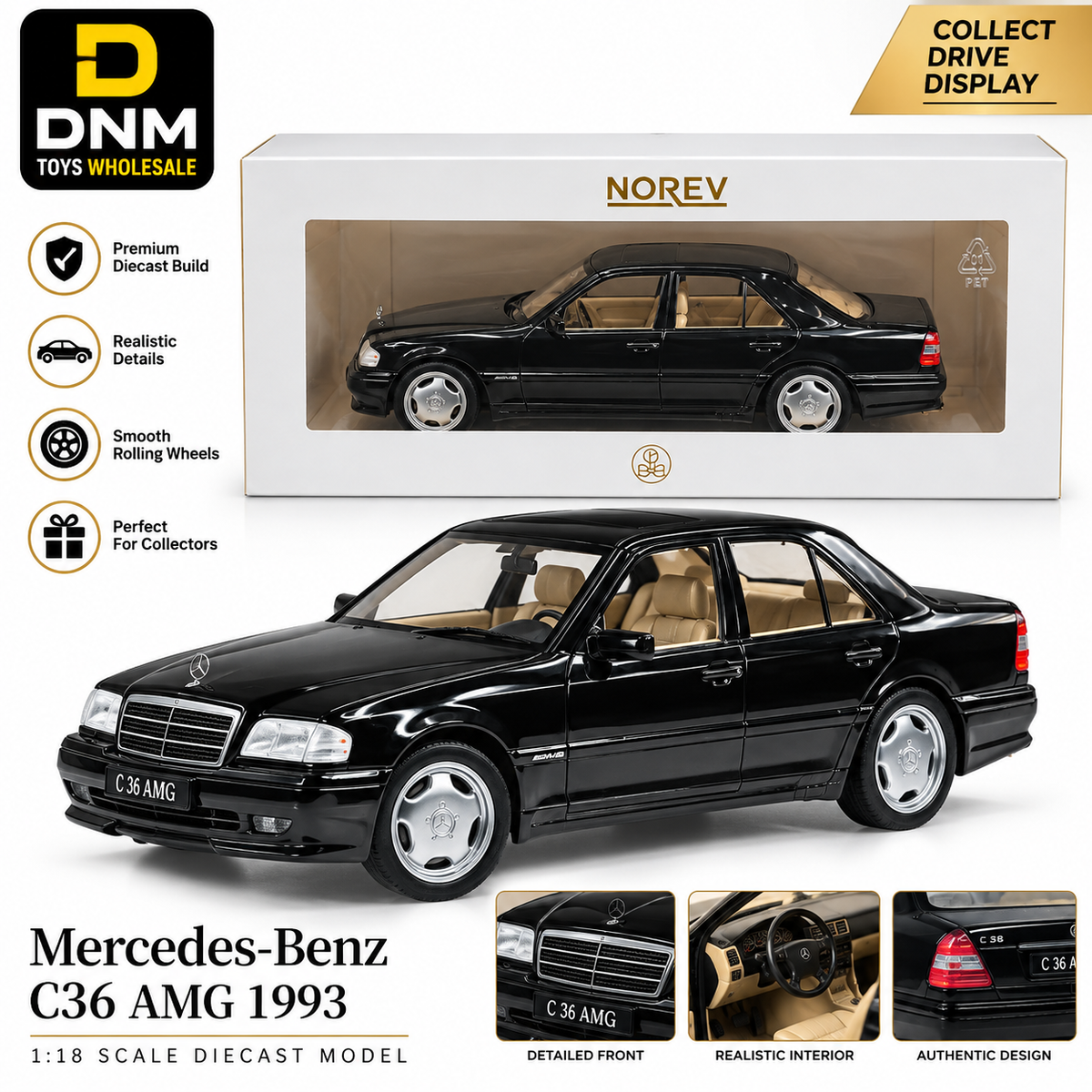 1:18 Scale C36 AMG 1993 Classic Black Diecast Model Car – Premium Collectible Toy