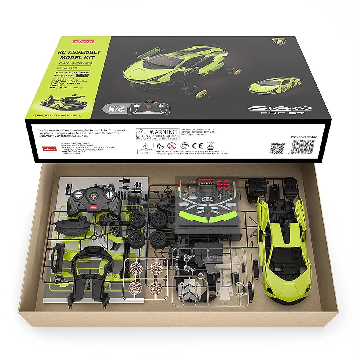 Rastar Lamborghini Sian FKP 37 1:18 Scale RC Assembly Model Kit | DIY Plastic Remote Control Sports Car with 2.4GHz R/C | Model Building Kit for Collection & Display