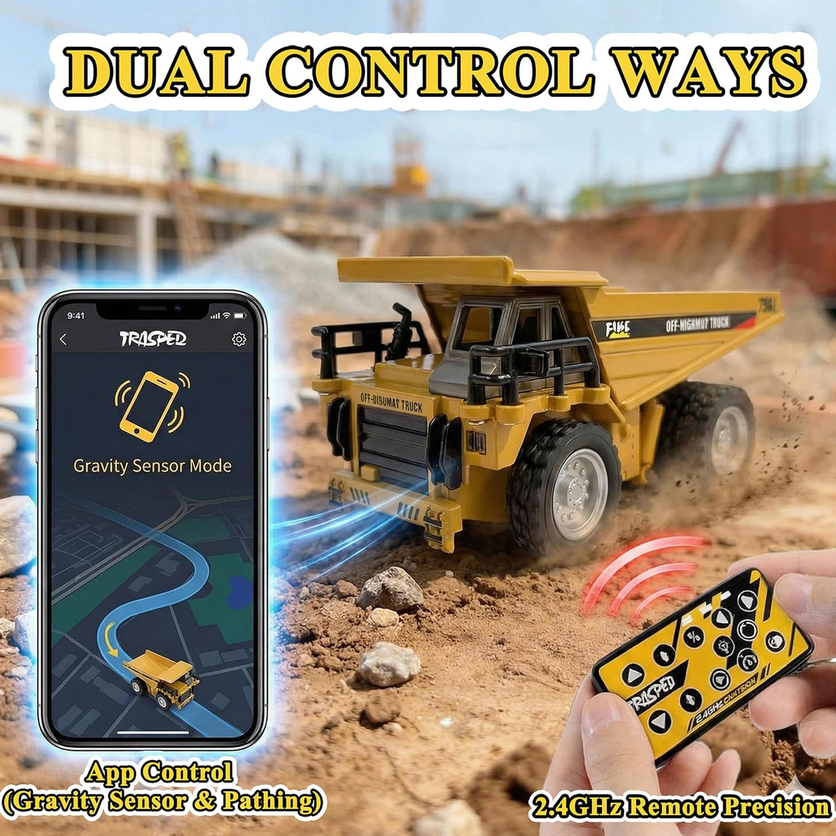 1:64 Mini RC Dump Truck Toy, Alloy Metal Construction Vehicle with App & Remote Dual Control