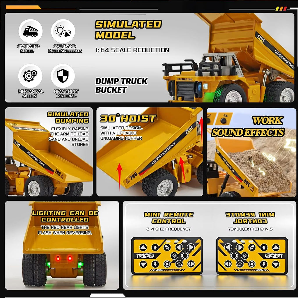 1:64 Mini RC Dump Truck Toy, Alloy Metal Construction Vehicle with App & Remote Dual Control