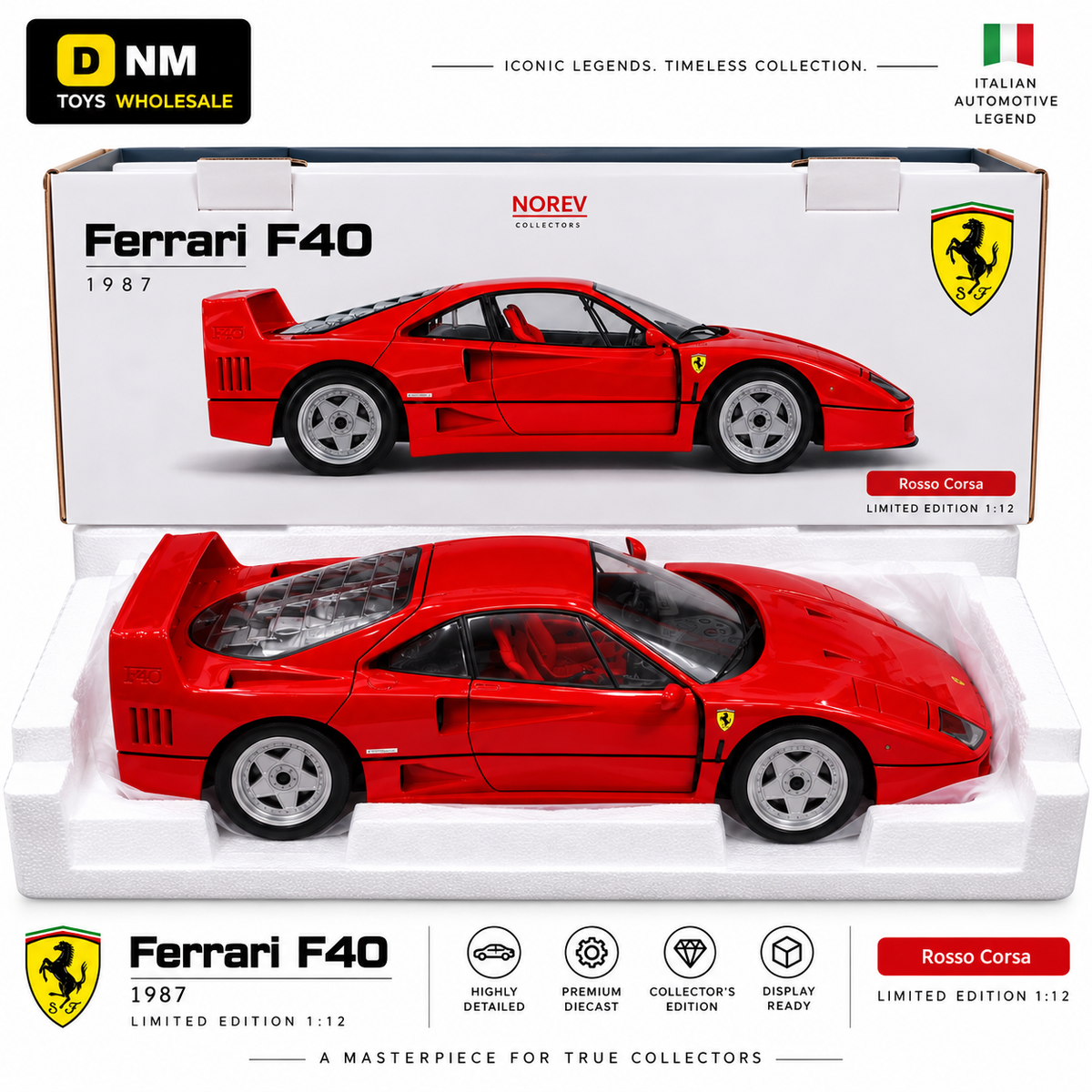 NOREV-F40-12-RD - Norev Ferrari F40 1987 1:12 Scale Diecast Model Car – Rosso Corsa Red Collector Edition