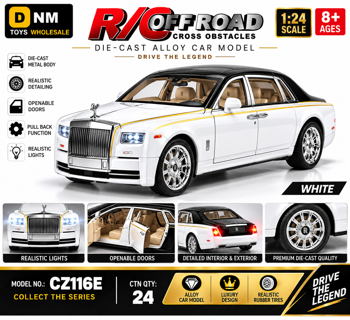CZ116E-WHT-SR 1:24 Scale White Die-Cast Luxury Car Model with Silver Roof | Pull Back Toy Car