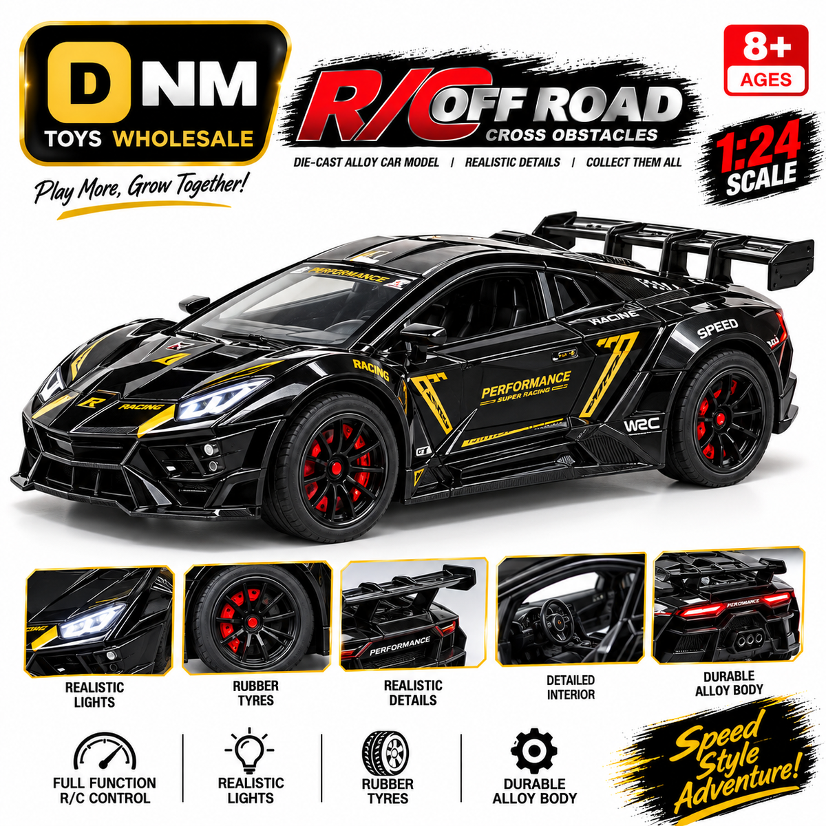 CZ128E-BLK - 1:24 Black R/C Sports Car Toy – Alloy Body, LED Lights & Rubber Tires