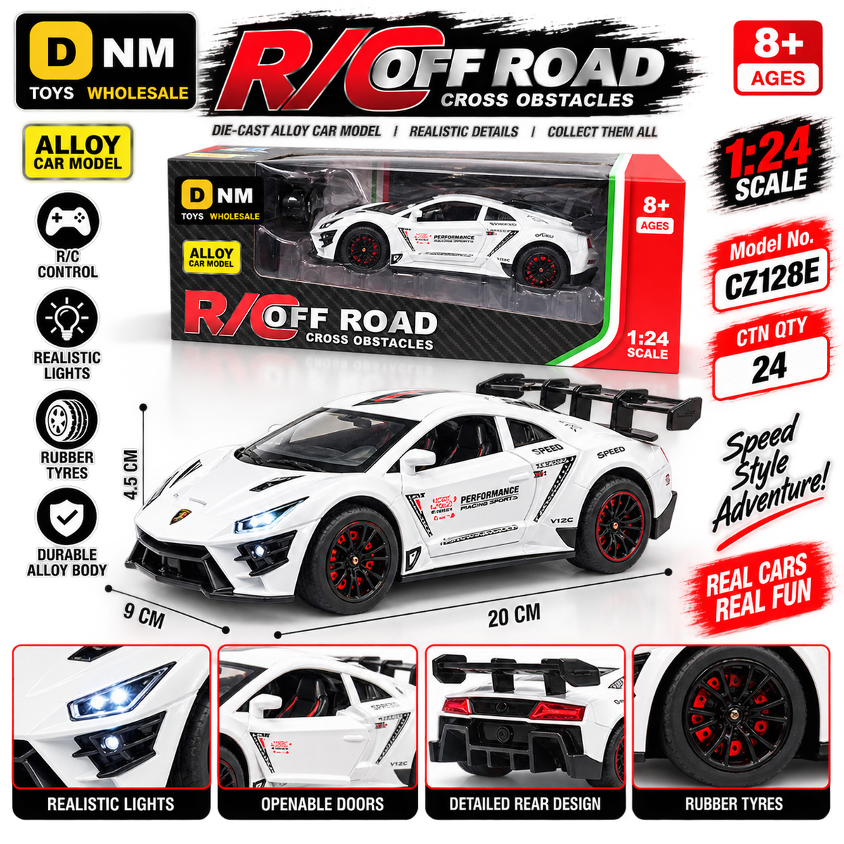CZ7128E-WHT-124 - 1:24 White RC Alloy Sports Car with Lights & Rubber Tires