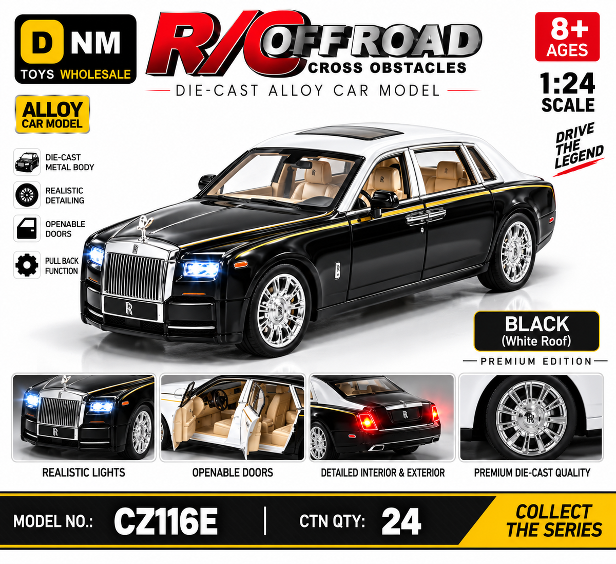 CZ116E-BLK-WHT-124 - 1:24 Black & White Roof Die-Cast Luxury Car Model | Pull Back Toy Car