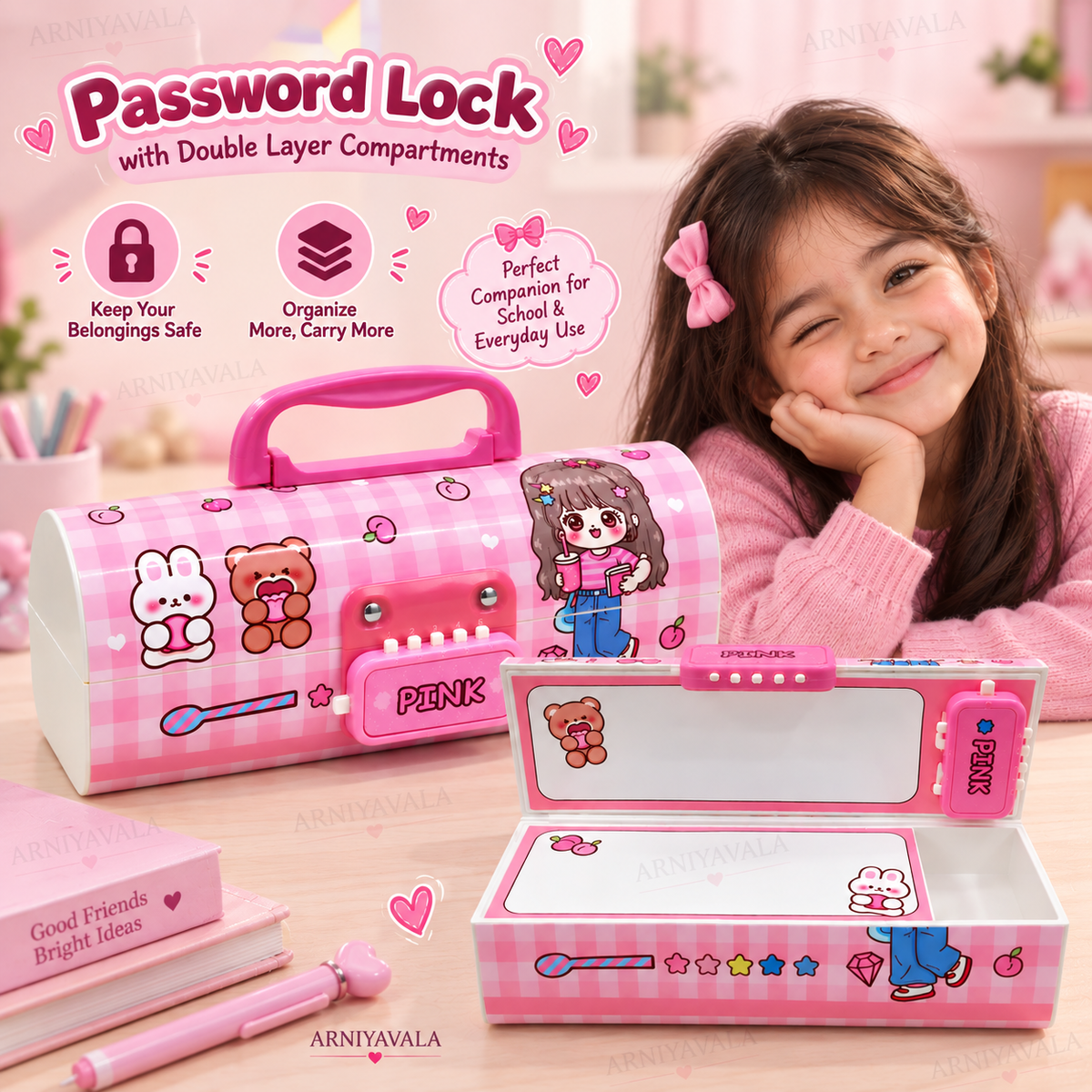 Portable Suitcase Style Pencil Box for Kids with Double Password Lock & Handle | Multi-Layer Large Capacity Stationery Organizer Case