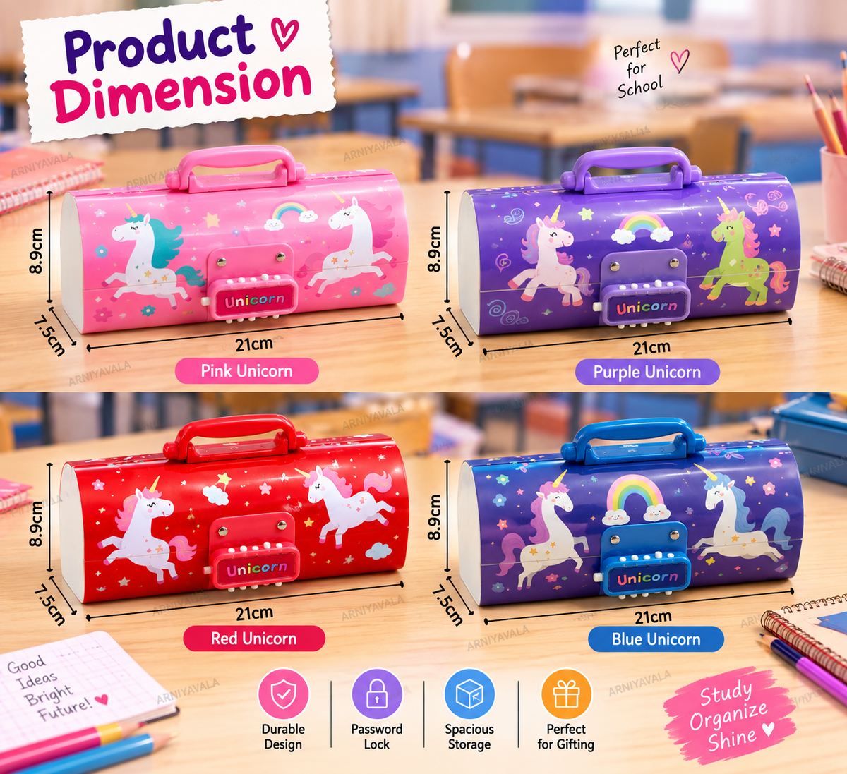 Portable Suitcase Style Pencil Box for Kids with Double Password Lock & Handle | Multi-Layer Large Capacity Stationery Organizer Case