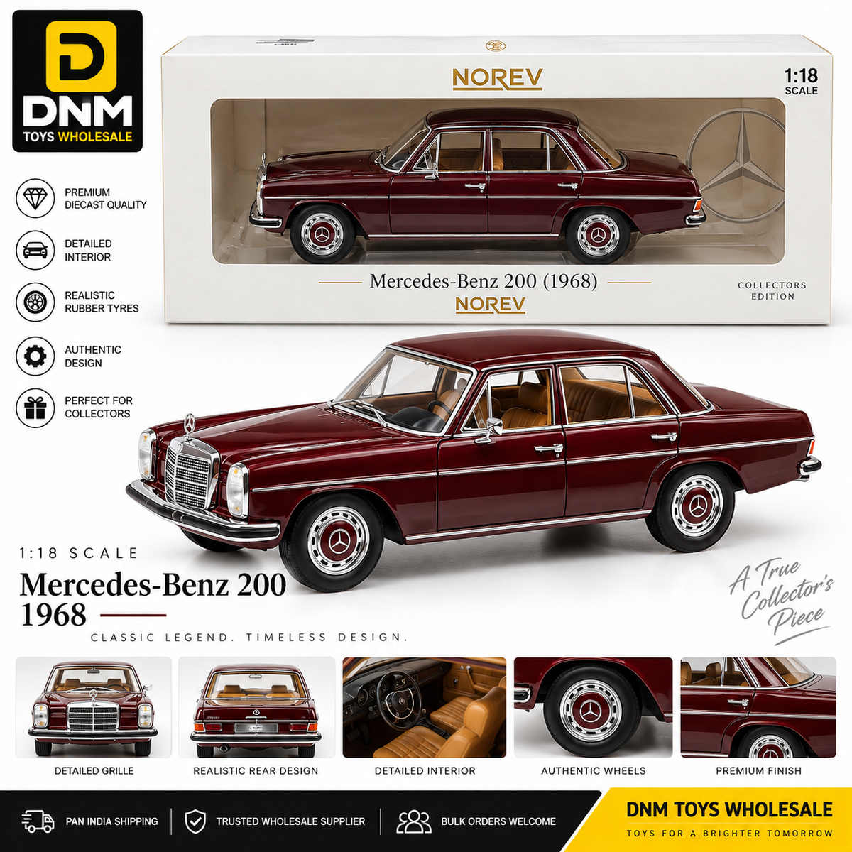 Norev 1:18 Scale 1968 Mercedes-Benz 200 Classic Diecast Model Car – Burgundy