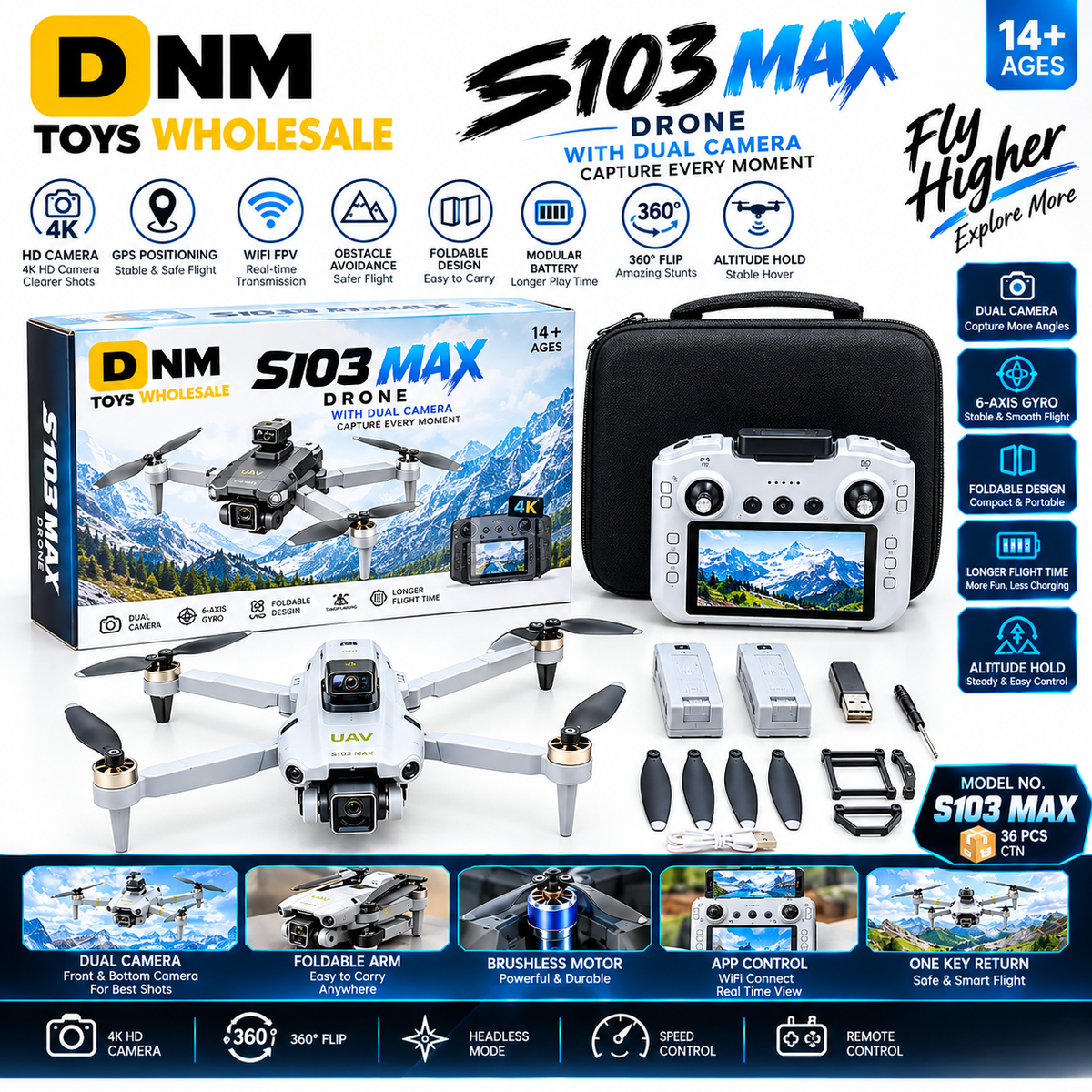DNM-S103MAX-DC-WHT - S103 MAX Dual Camera Foldable Drone | 6-Axis Gyro & App Control