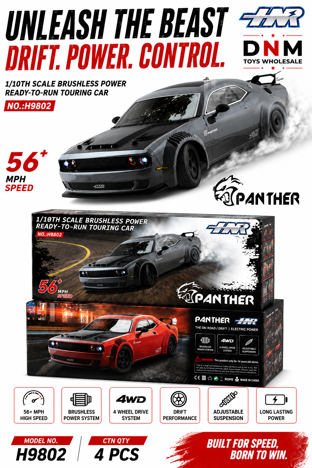 HNR H9802 Panther 1/10 Dodge Hellcat Brushless RC Car – 4WD Drift & Racing Car with LED Lights (100+ km/h)