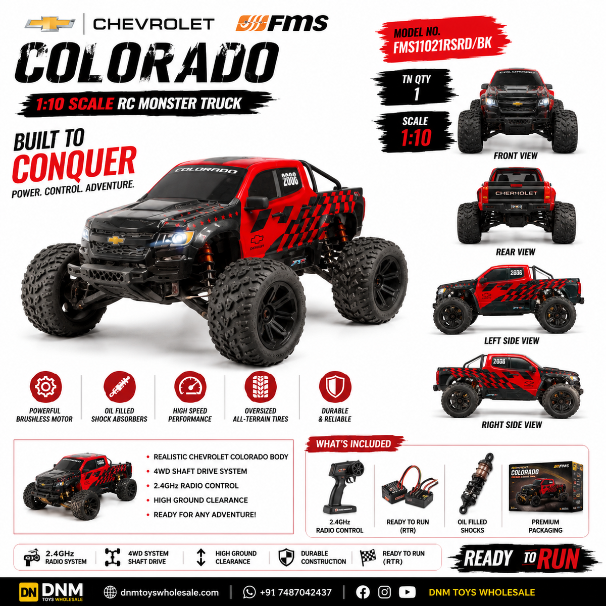 FMS Chevrolet Colorado 1:10 Scale RC Monster Truck 4WD RTR – High-Speed Off-Road
