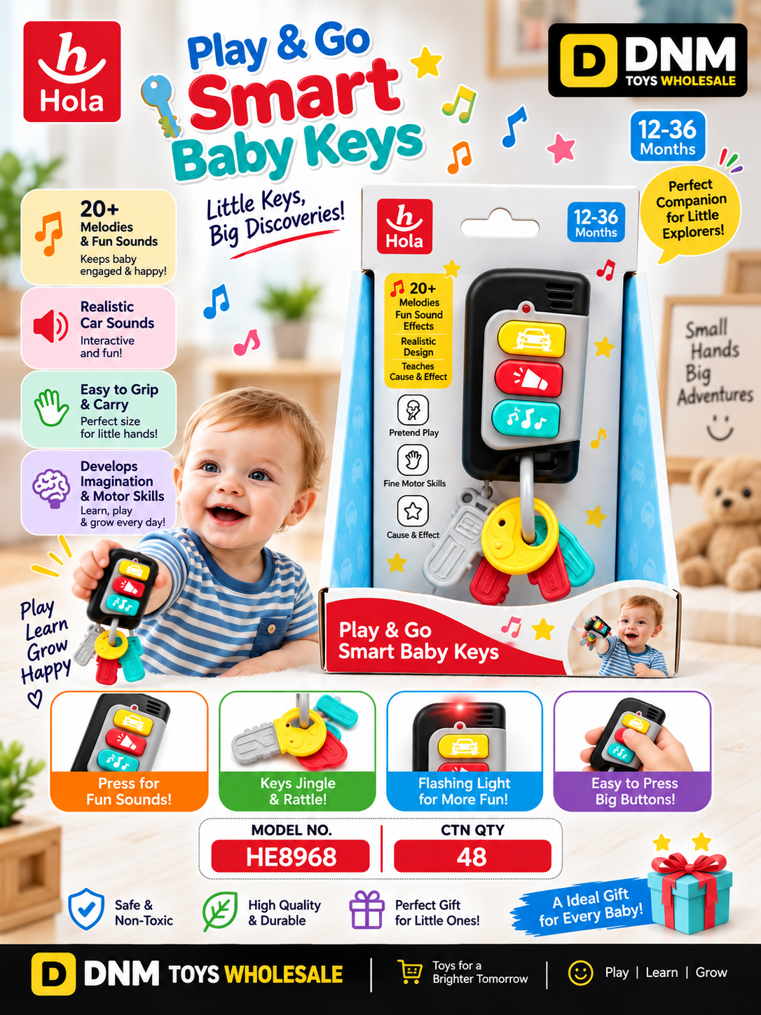 HE8968 Hola Play & Go Smart Baby Keys 12–36 Months – Interactive Musical Car Key Toy with Lights & 20+ Sounds