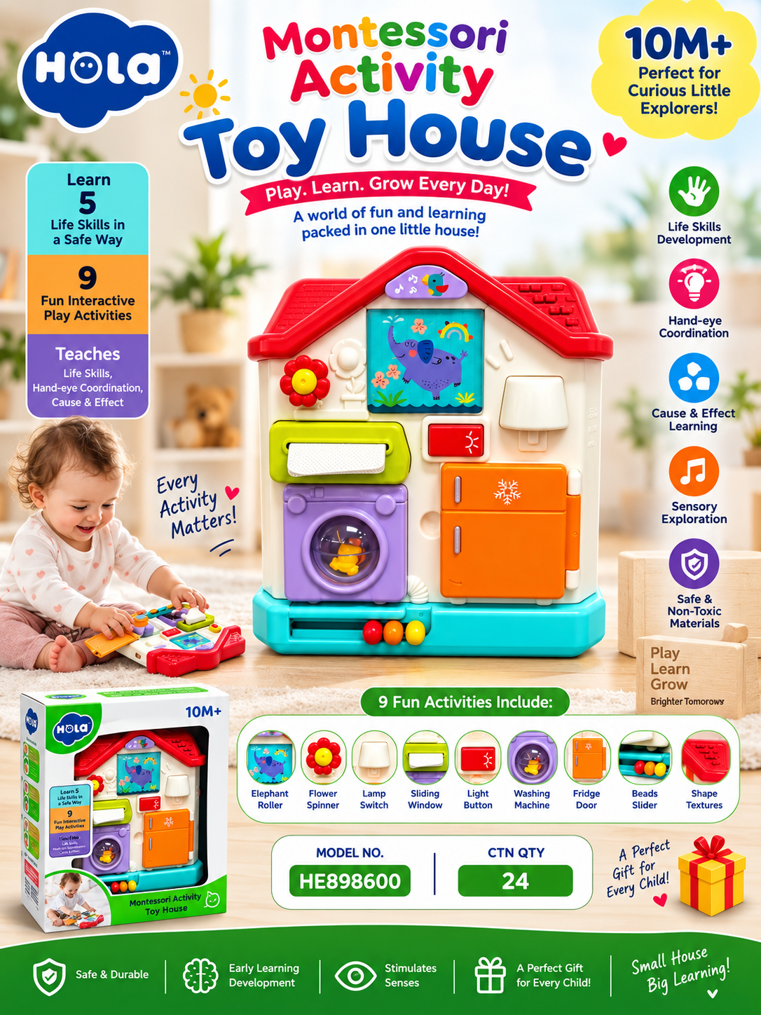 Hola Montessori Toy House 10 Months+ – 9-in-1 Interactive Baby Activity Center for Fine Motor & Early Learning