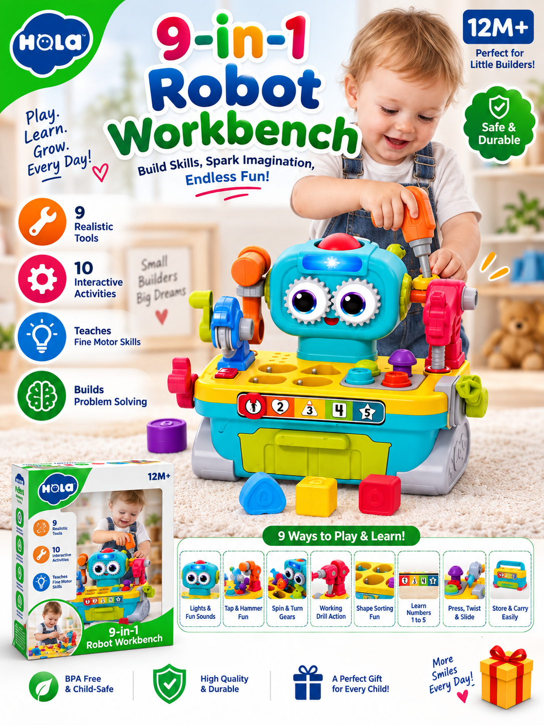 Hola Robot Workbench Toy 12 Months+ – 9-in-1 Toddler Tool Activity Set with Shape Sorting & Number Learning