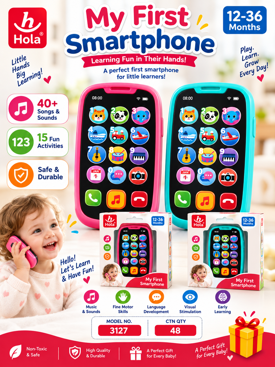 Hola My First Smartphone Toy 12 Months+ – Musical Pretend Phone with Numbers, Animals, Sounds & Learning Activities