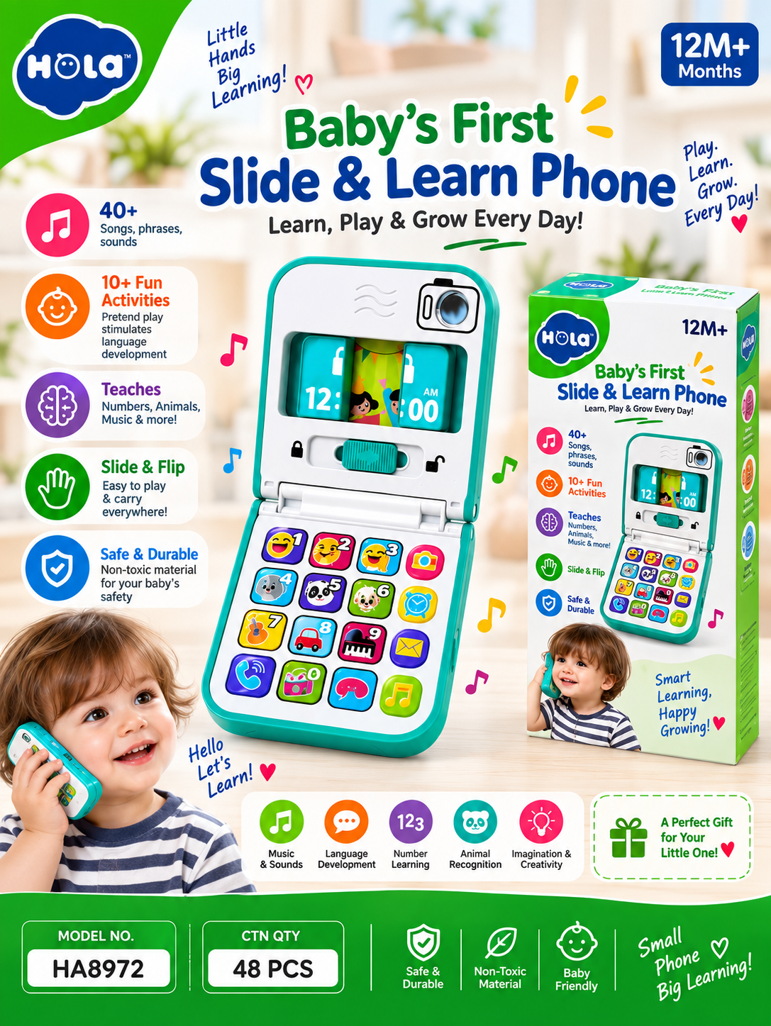 Hola Baby Learning Phone 12 Months+ – Slide & Flip Interactive Pretend Smartphone with Music, Numbers & Animals