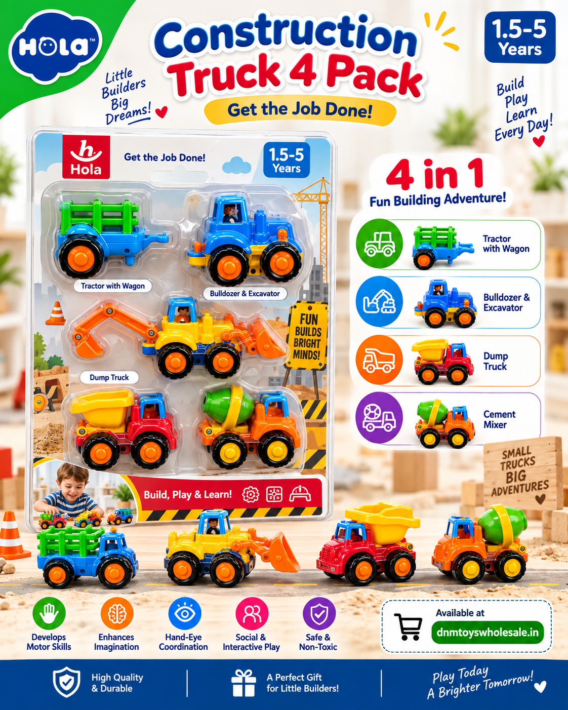 Hola 4-in-1 Construction Vehicle Toy Set 1.5–5 Years – Tractor, Excavator, Dump Truck & Cement Mixer