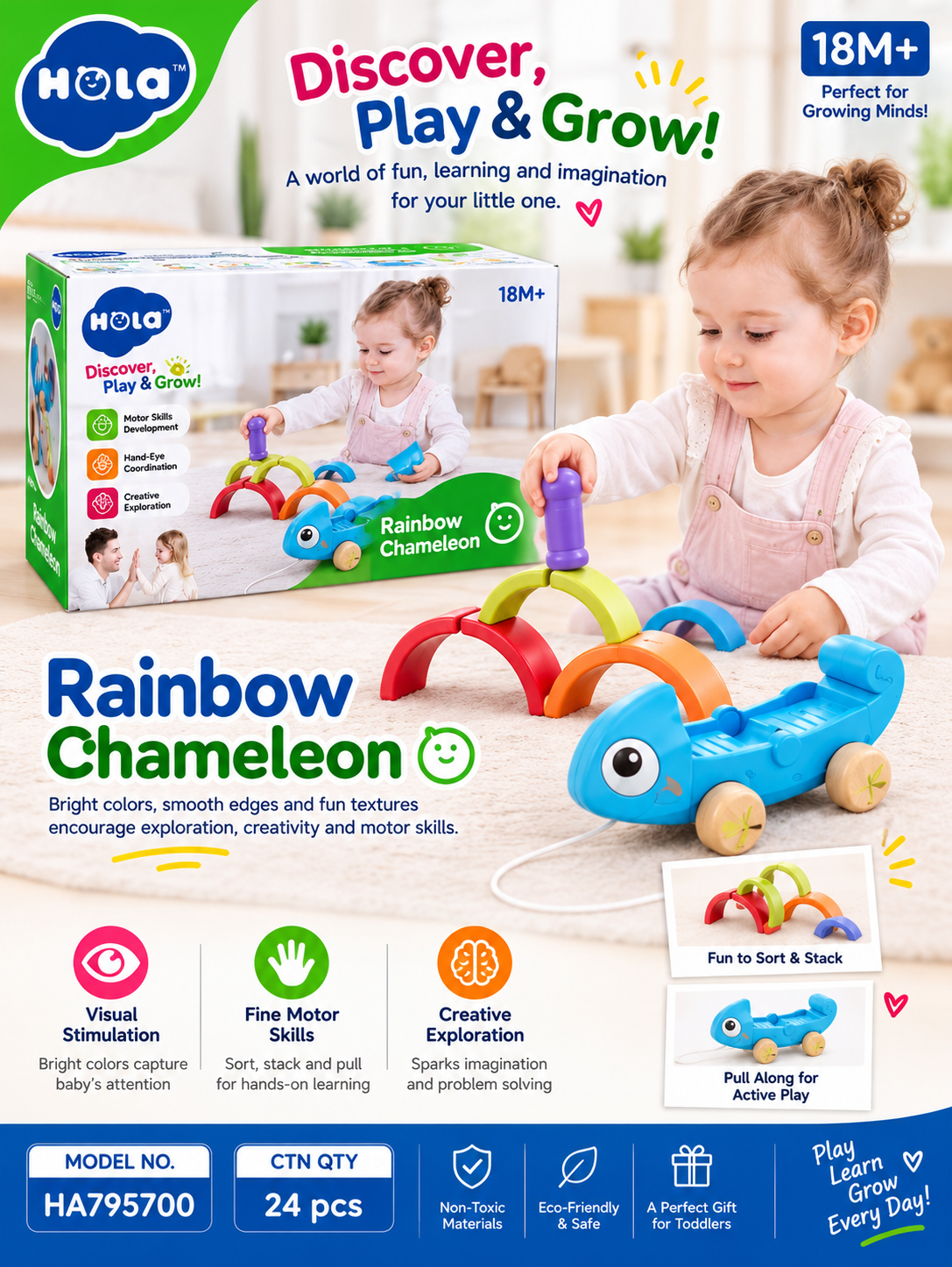 Hola Rainbow Chameleon Toddler Toy 18 Months+ – Pull-Along Sorting & Stacking Educational Learning Toy