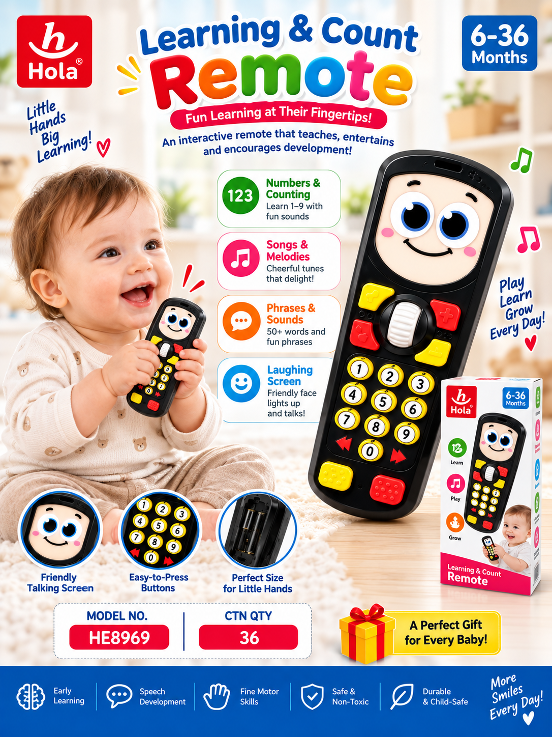 Hola Baby Learning Remote 6–36 Months – Interactive Counting, Music, Speech & Pretend Play Educational Toy