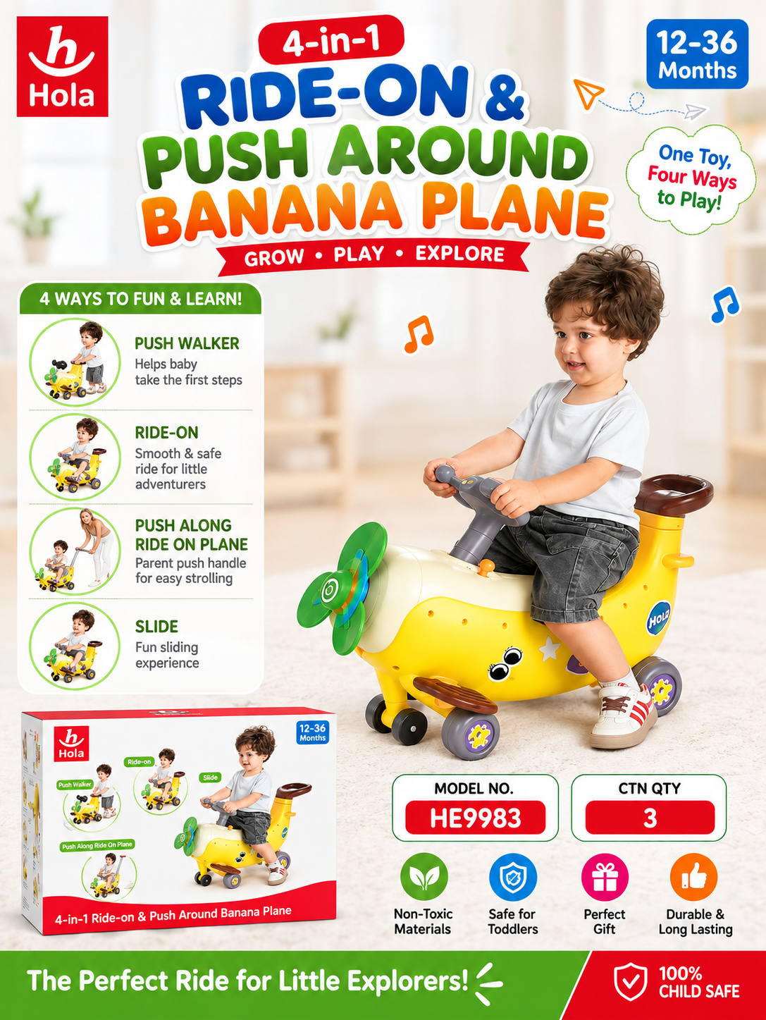 Hola Banana Plane Ride-On Toy 12–36 Months – 4-in-1 Push Walker, Ride-On & Push-Along Toddler Toy