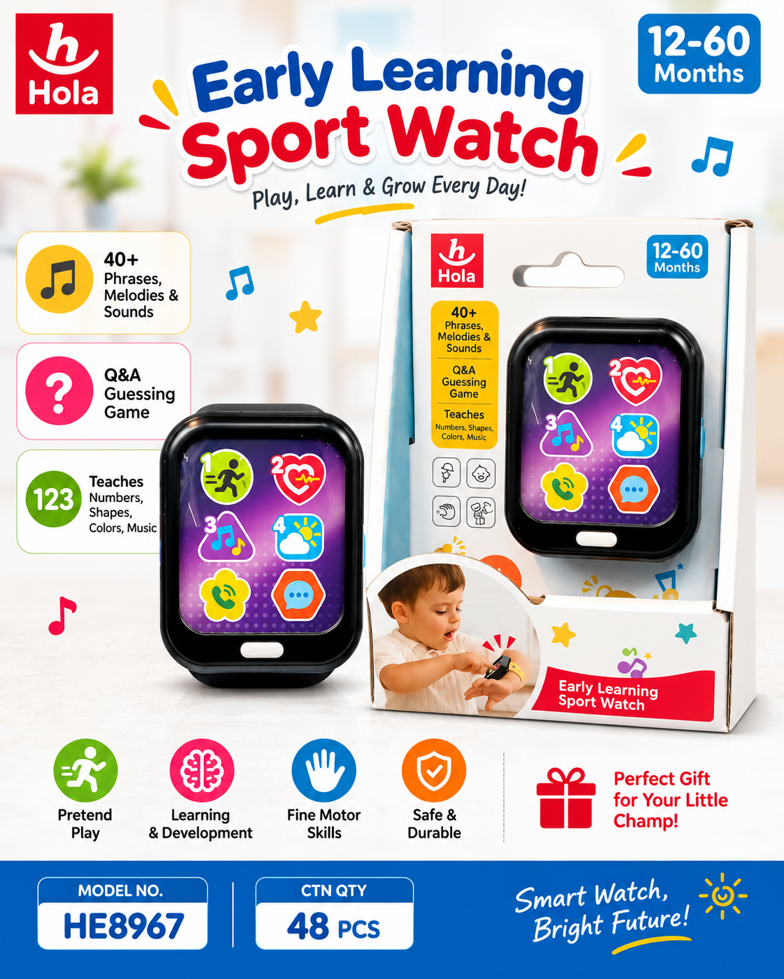 Hola Kids Learning Smartwatch Toy 12–60 Months – Pretend Play Sport Watch with Music, Sounds, Numbers & Shapes