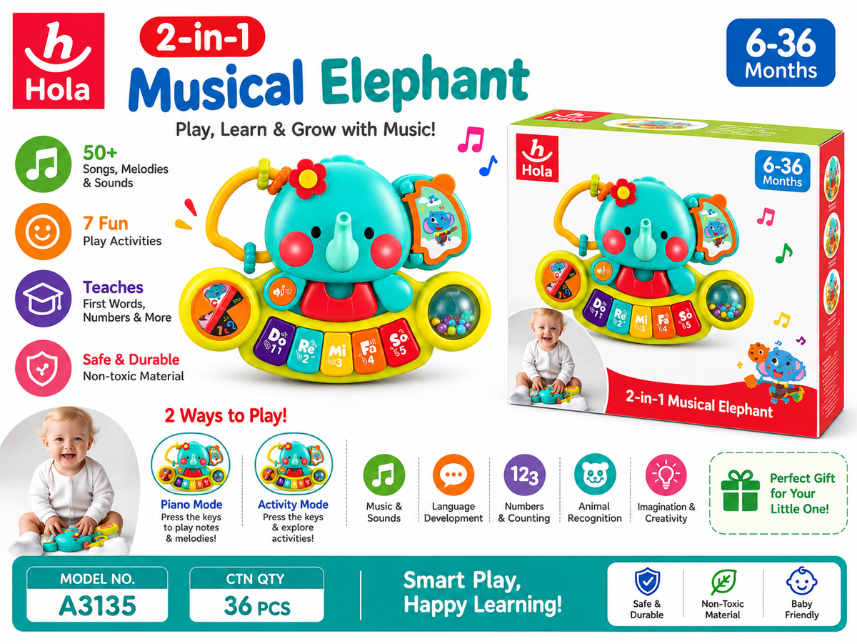 Hola Musical Elephant Baby Toy 6–36 Months – 2-in-1 Interactive Learning Toy with Numbers, Animals & Music