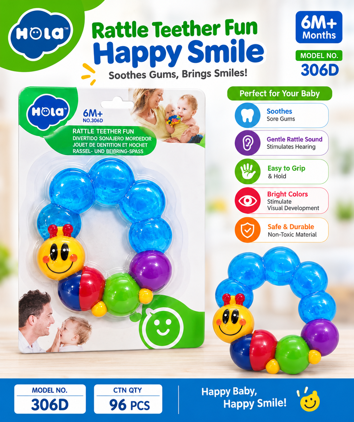 Hola Baby Caterpillar Rattle Teether 6+ Months – Sore Gum Relief & Sensory Toy