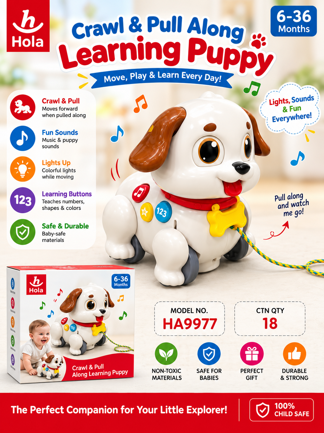 Hola Pull Along Learning Puppy 6–36 Months – Baby Toy with Lights, Music, Numbers & Shapes
