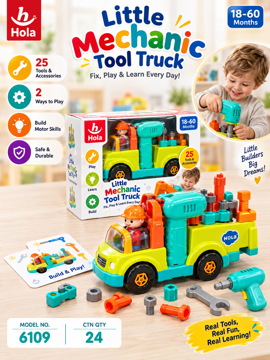 Hola Little Mechanic Tool Truck – 25-Piece Kids Tool Set with Working Drill | 18–60 Months
