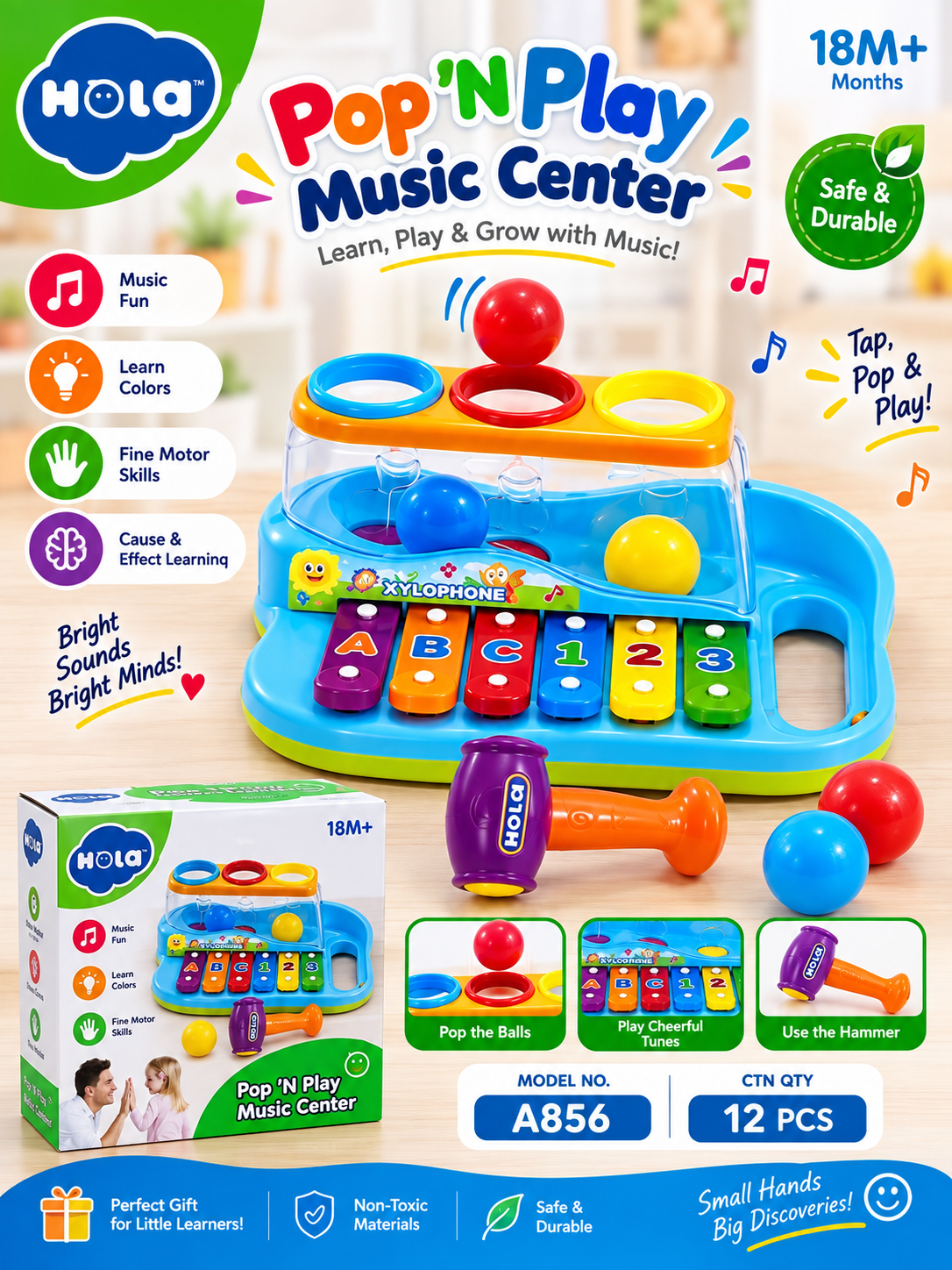 Hola Pop 'N Play Music Center for Toddlers 18M+ – Musical Xylophone & Ball Popping Toy